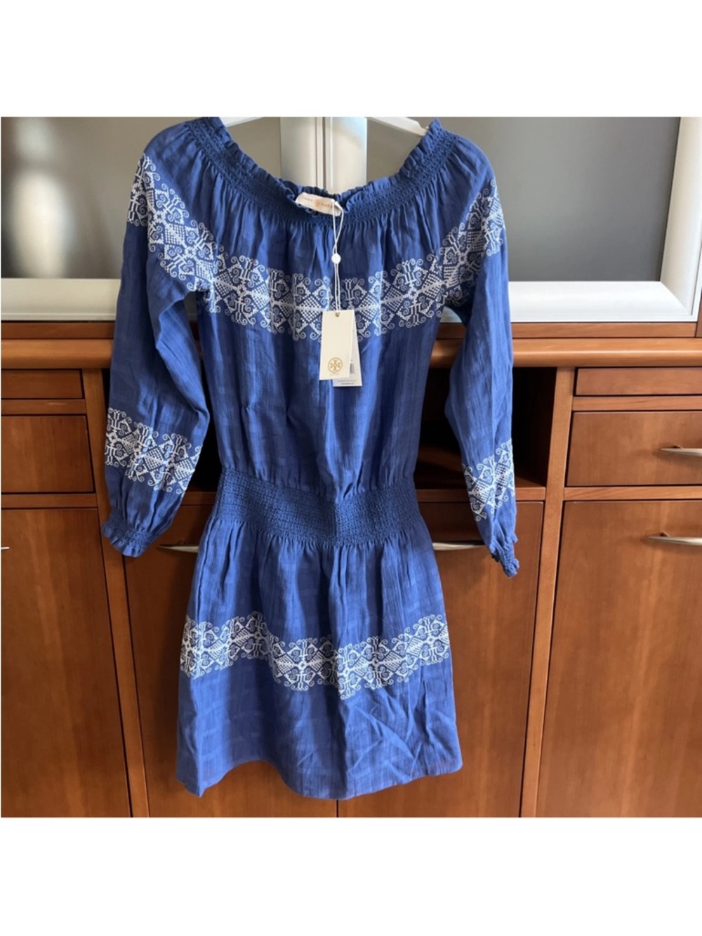 Tory Burch Navy Blue Embroidered Off-Shoulder Top XS NWT
